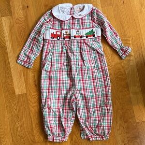 Plaid “William” Monogrammed Toddler Romper with Smocked Christmas Train size 2T
